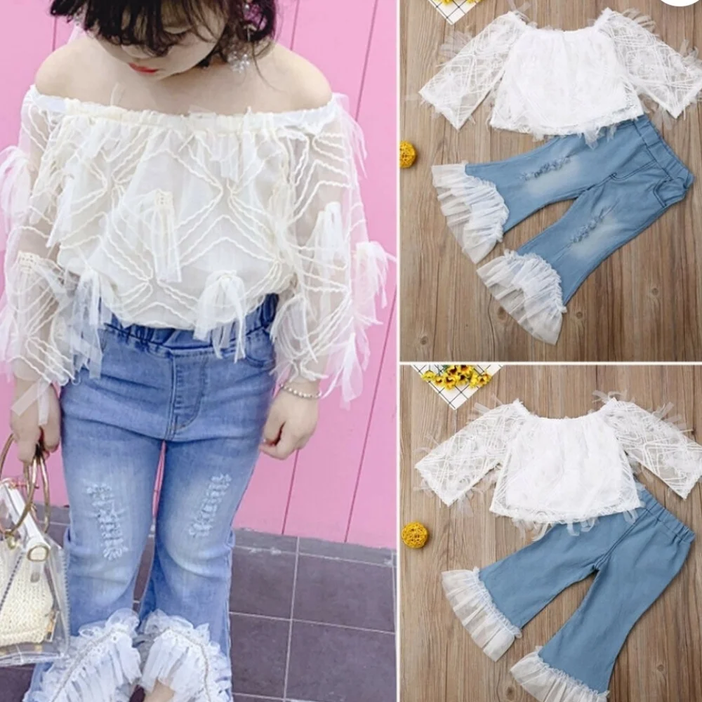 White Lace Off-Shoulder Top & Light Blue Ruffle Hem Jeans Toddler Girls Kids Set
